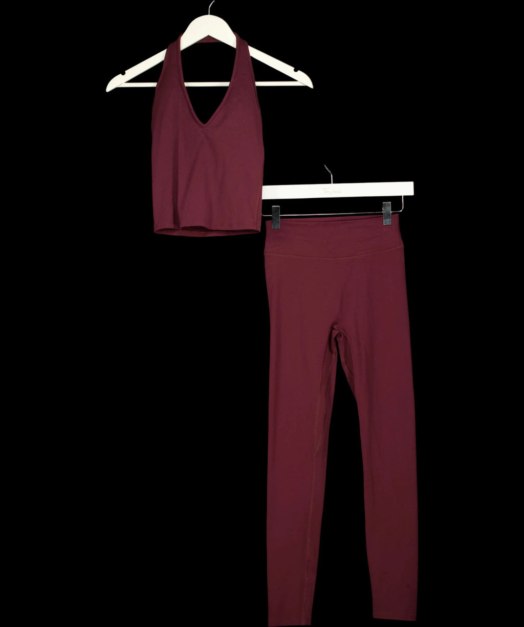 3E Red Burgundy RED Crop Top (UK XS) &  High-Waisted Leggings (UK S) 2-Piece Activewear Set, size UK XS/S — care label