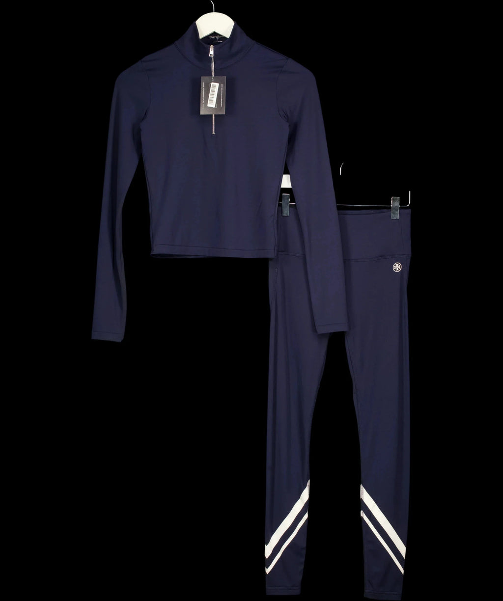 TORY BURCH SPORT Blue Navy Blue and Snow White Chevron Mock-Neck Quarter-Zip Top and Leggings 2-Piece Activewear Se… — detail