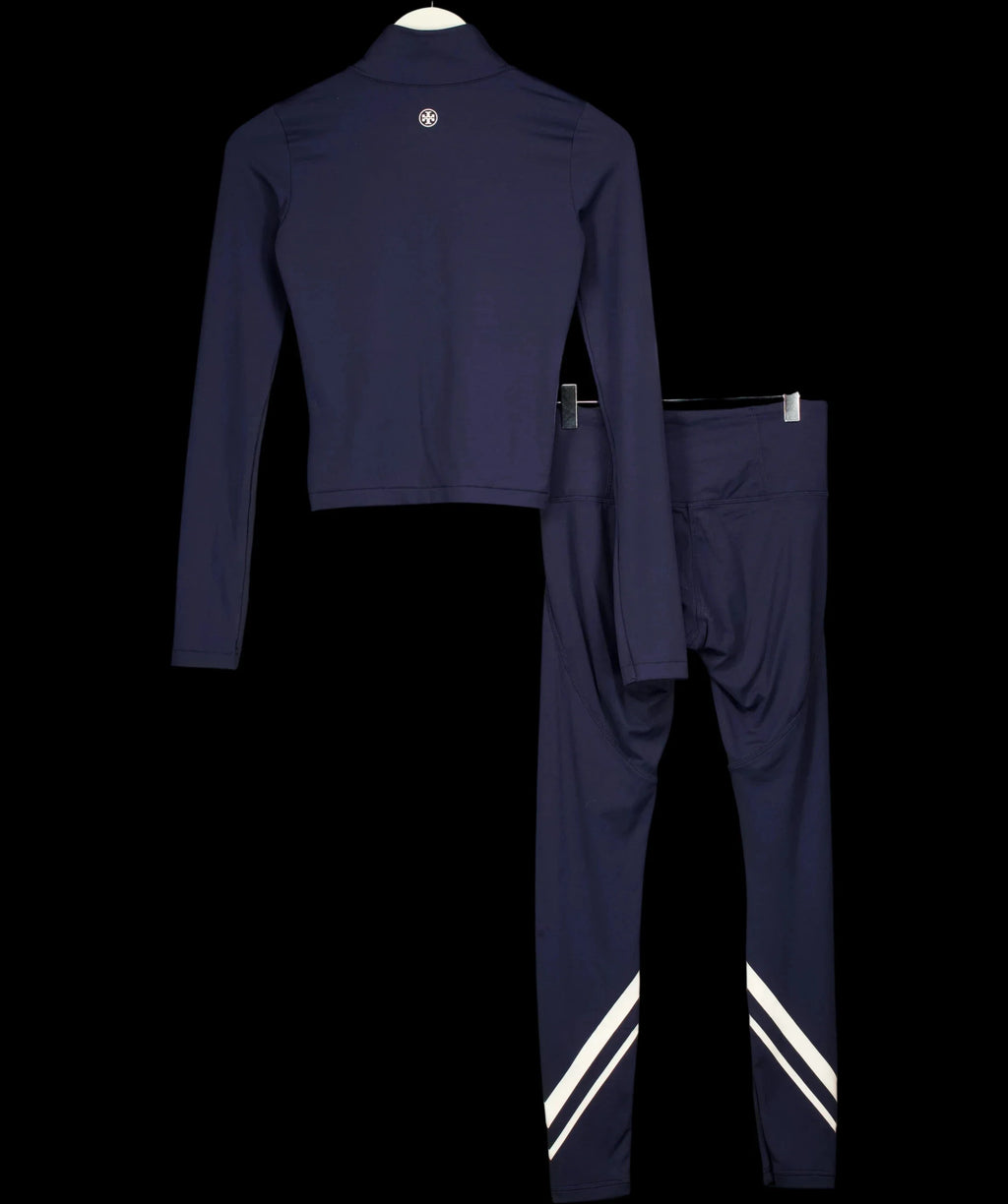 TORY BURCH SPORT Blue Navy Blue and Snow White Chevron Mock-Neck Quarter-Zip Top and Leggings 2-Piece Activewear Set… — label