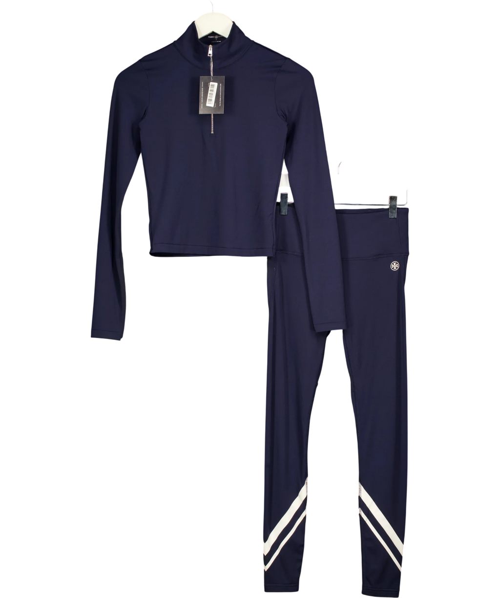 TORY BURCH SPORT Blue Navy Blue and Snow White Chevron Mock-Neck Quarter-Zip Top and Leggings 2-Piece Activewear Set… — front
