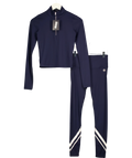 TORY BURCH SPORT Blue Navy Blue and Snow White Chevron Mock-Neck Quarter-Zip Top and Leggings 2-Piece Activewear Set… — front