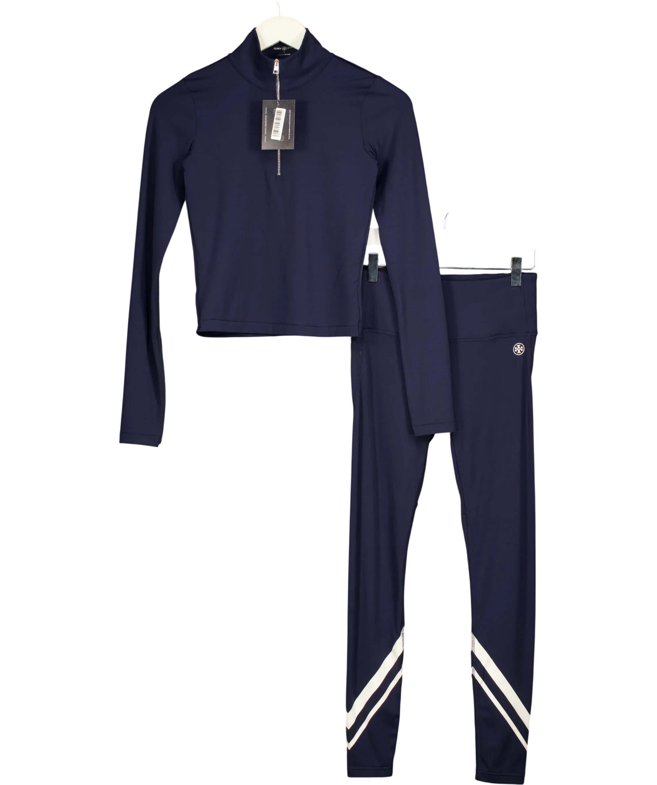 TORY BURCH SPORT Blue Navy Blue and Snow White Chevron Mock-Neck Quarter-Zip Top and Leggings 2-Piece Activewear Set… — front