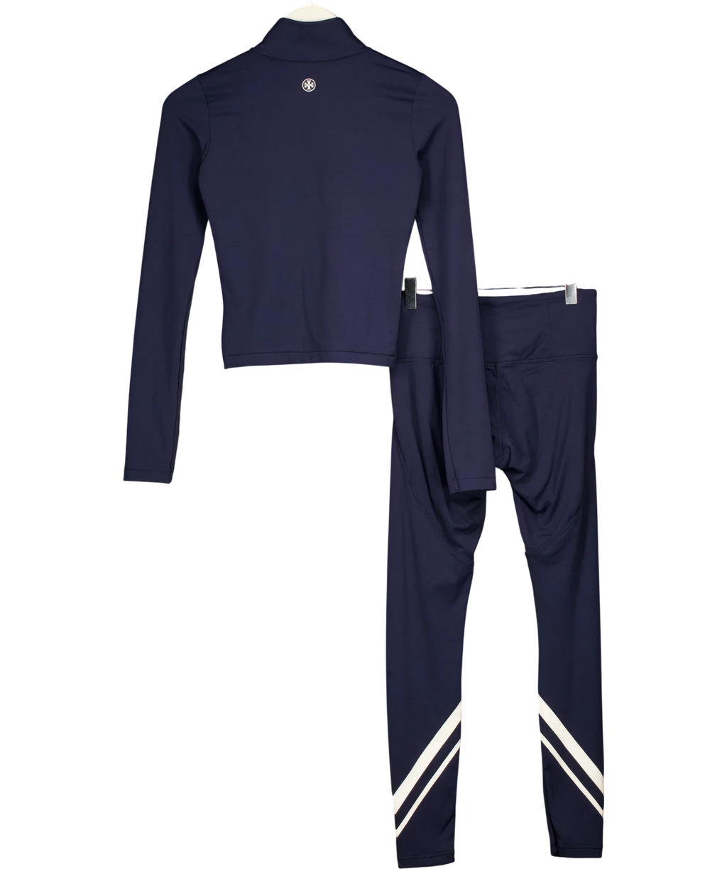 TORY BURCH SPORT Blue Navy Blue and Snow White Chevron Mock-Neck Quarter-Zip Top and Leggings 2-Piece Activewear Set,… — back