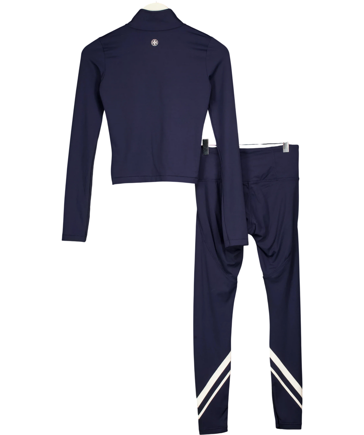 TORY BURCH SPORT Blue Navy Blue and Snow White Chevron Mock-Neck Quarter-Zip Top and Leggings 2-Piece Activewear Set,… — back