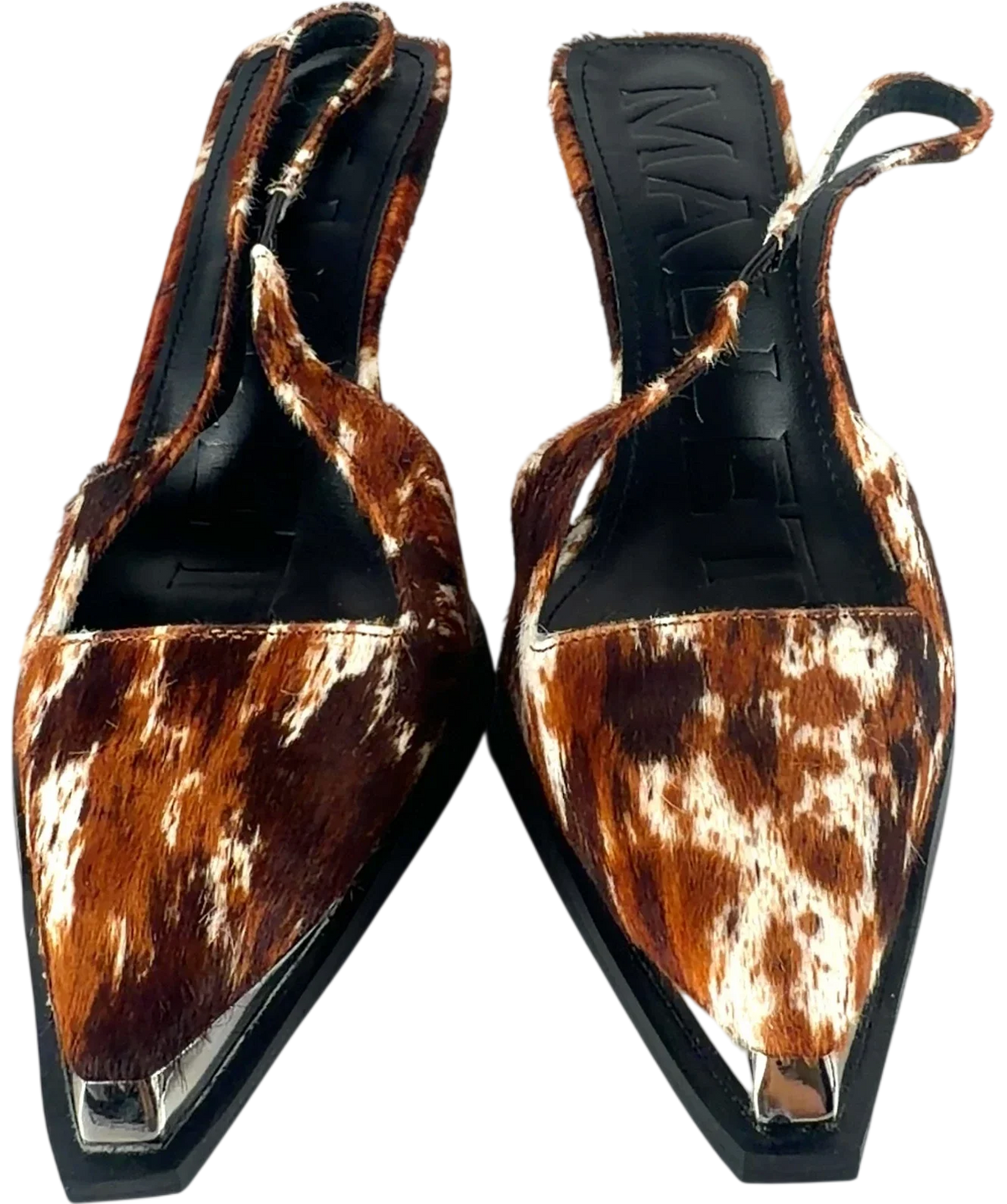 Mallet Brown Selene Sling Overo Pony Effect Leather Heels UK 5 EU 38 — Front (both, face on)