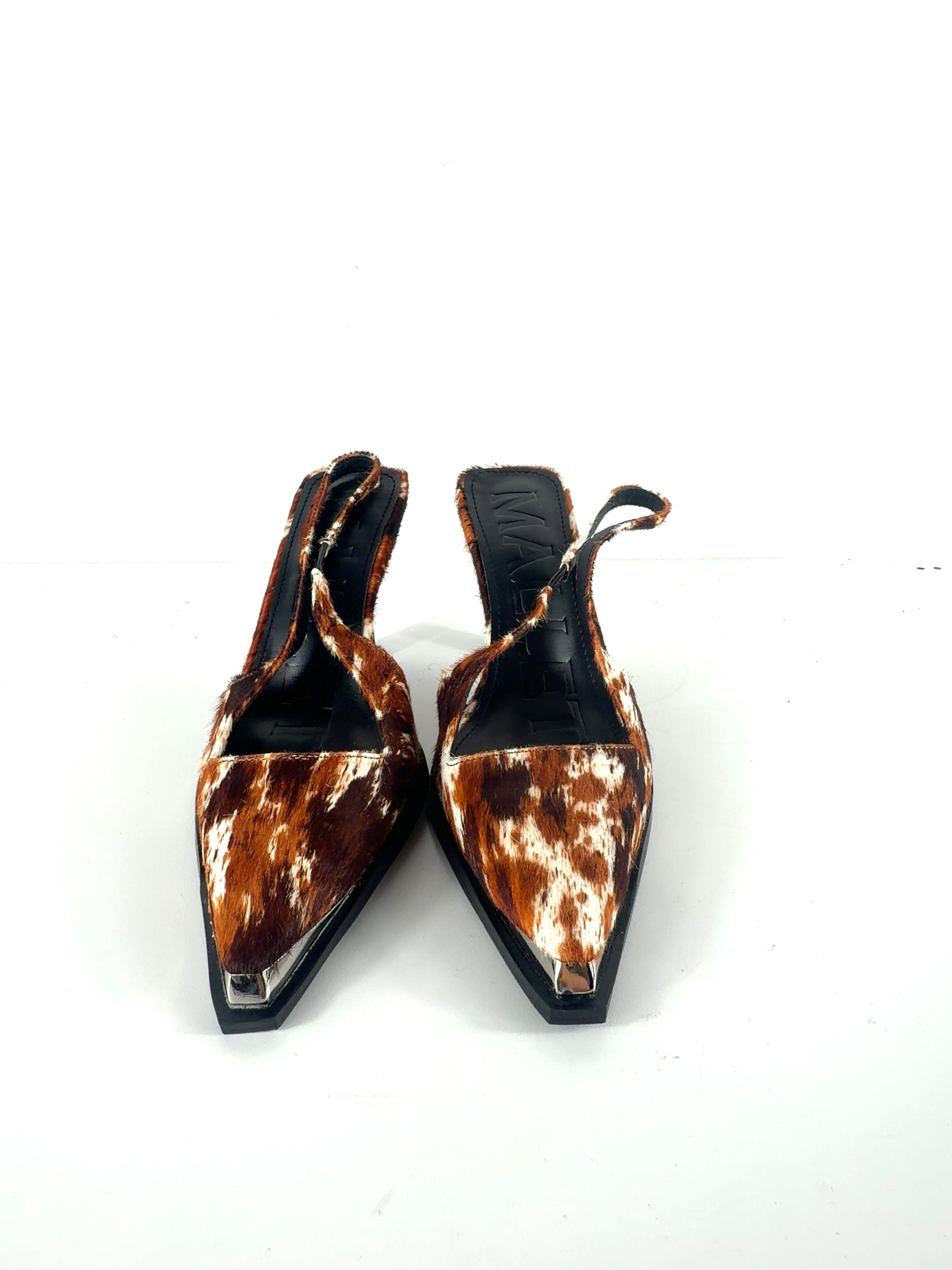 Mallet Brown Selene Sling Overo Pony Effect Leather Heels, size UK 5 EU 38 👠 — detail