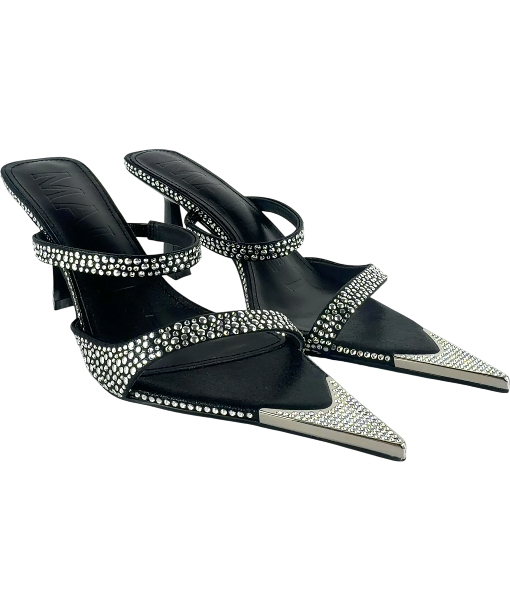 Mallet Black Frederica Swarovski Embellished Pointed Mules Black Heels, size UK 5 EU 38 👠 — front