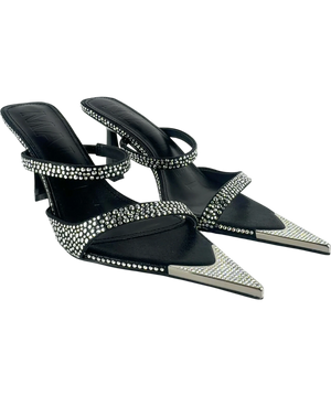 MALLET Frederica Swarovski Embellished Pointed Mules Black Heels UK 5 EU 38