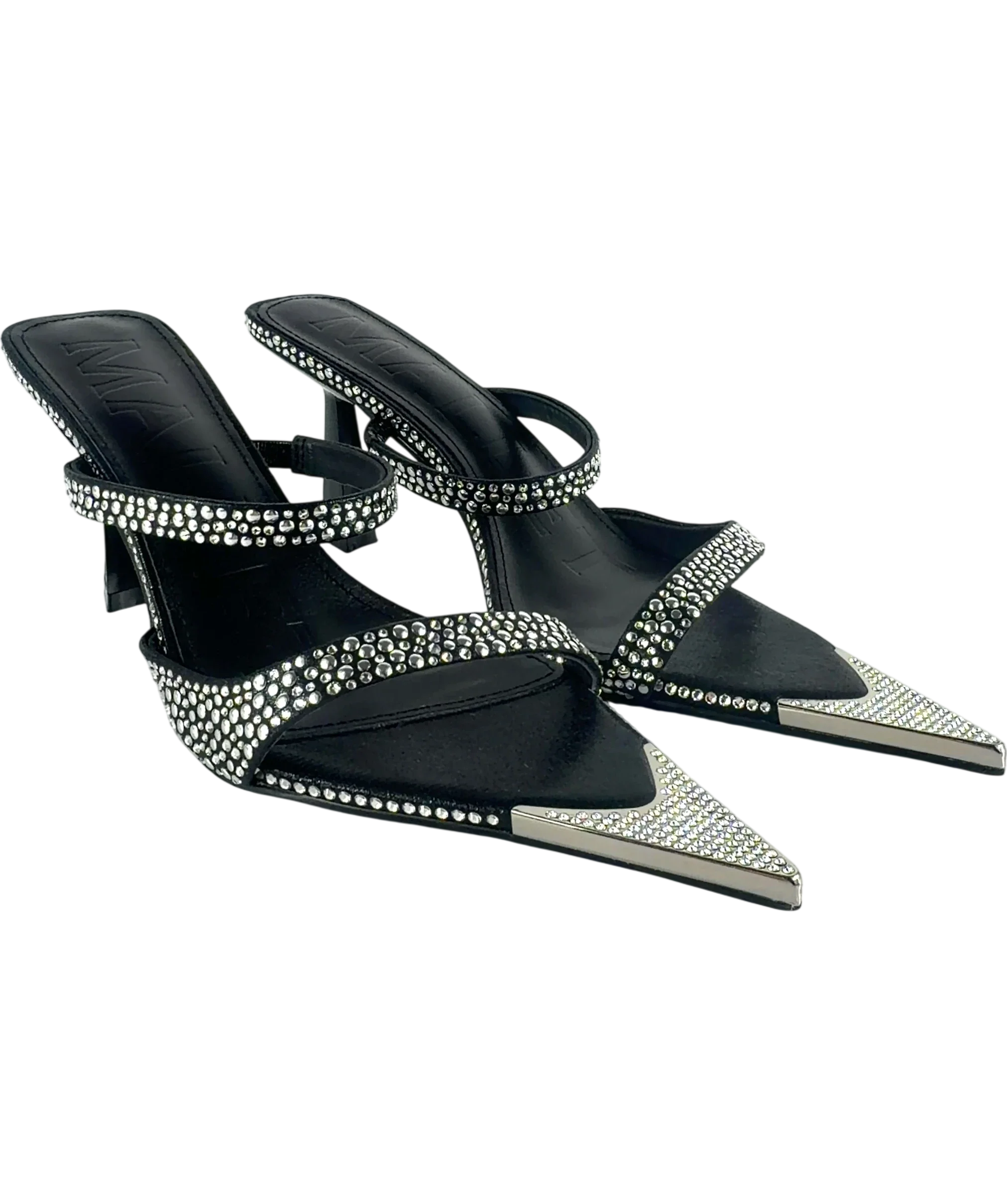 Mallet Black Frederica Swarovski Embellished Pointed Mules Black Heels, size UK 5 EU 38 👠 — front