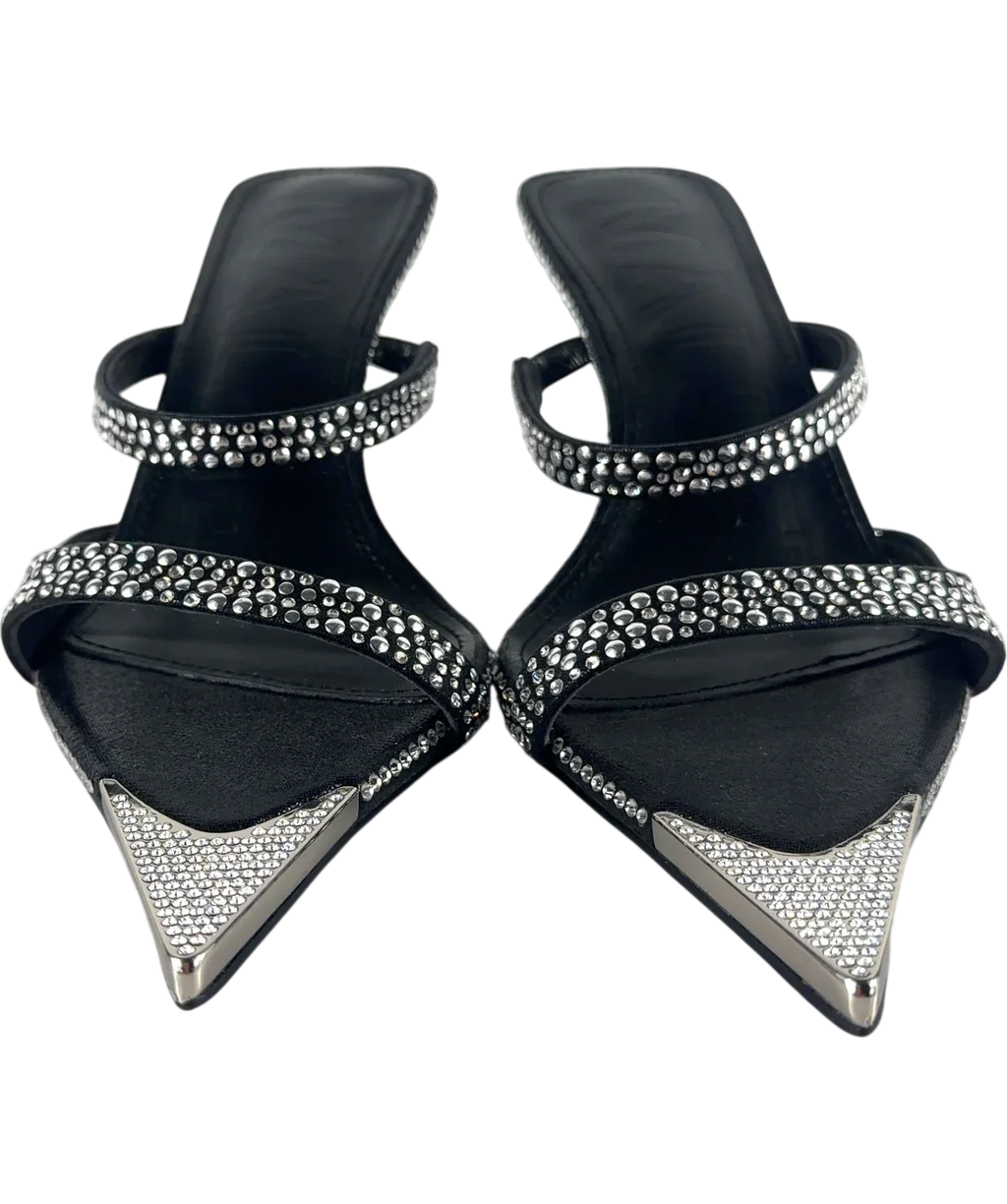 MALLET Frederica Swarovski Embellished Pointed Mules Black Heels UK 5 EU 38 — Front (both, face on)