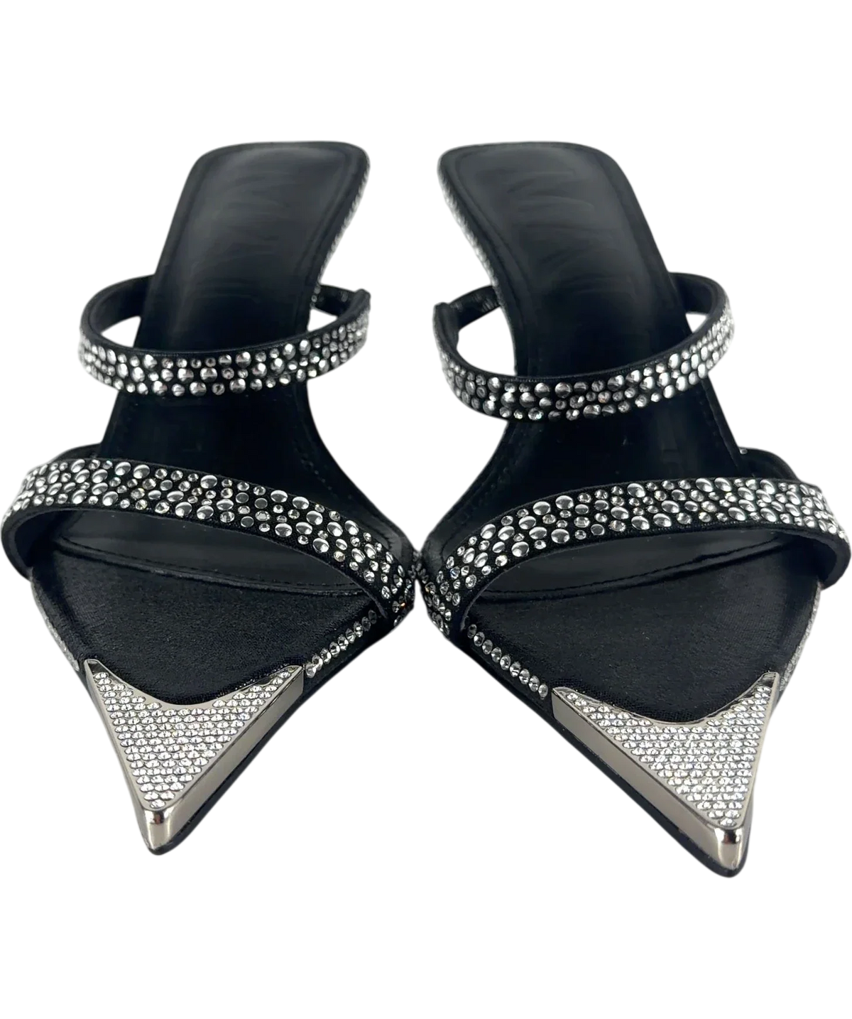 MALLET Frederica Swarovski Embellished Pointed Mules Black Heels UK 5 EU 38 — Front (both, face on)