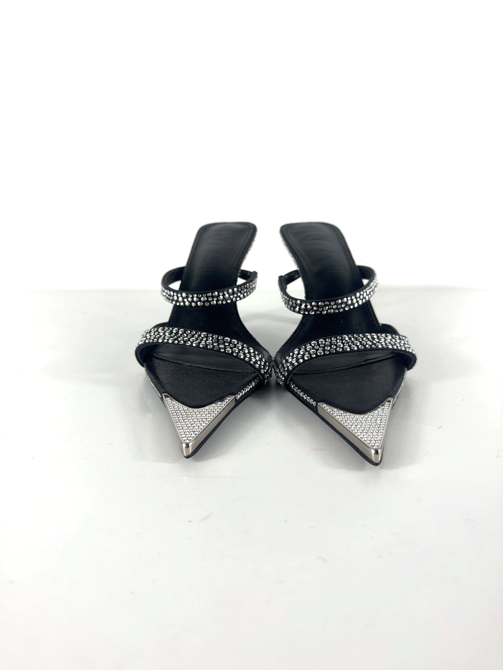 Mallet Black Frederica Swarovski Embellished Pointed Mules Black Heels, size UK 5 EU 38 👠 — detail