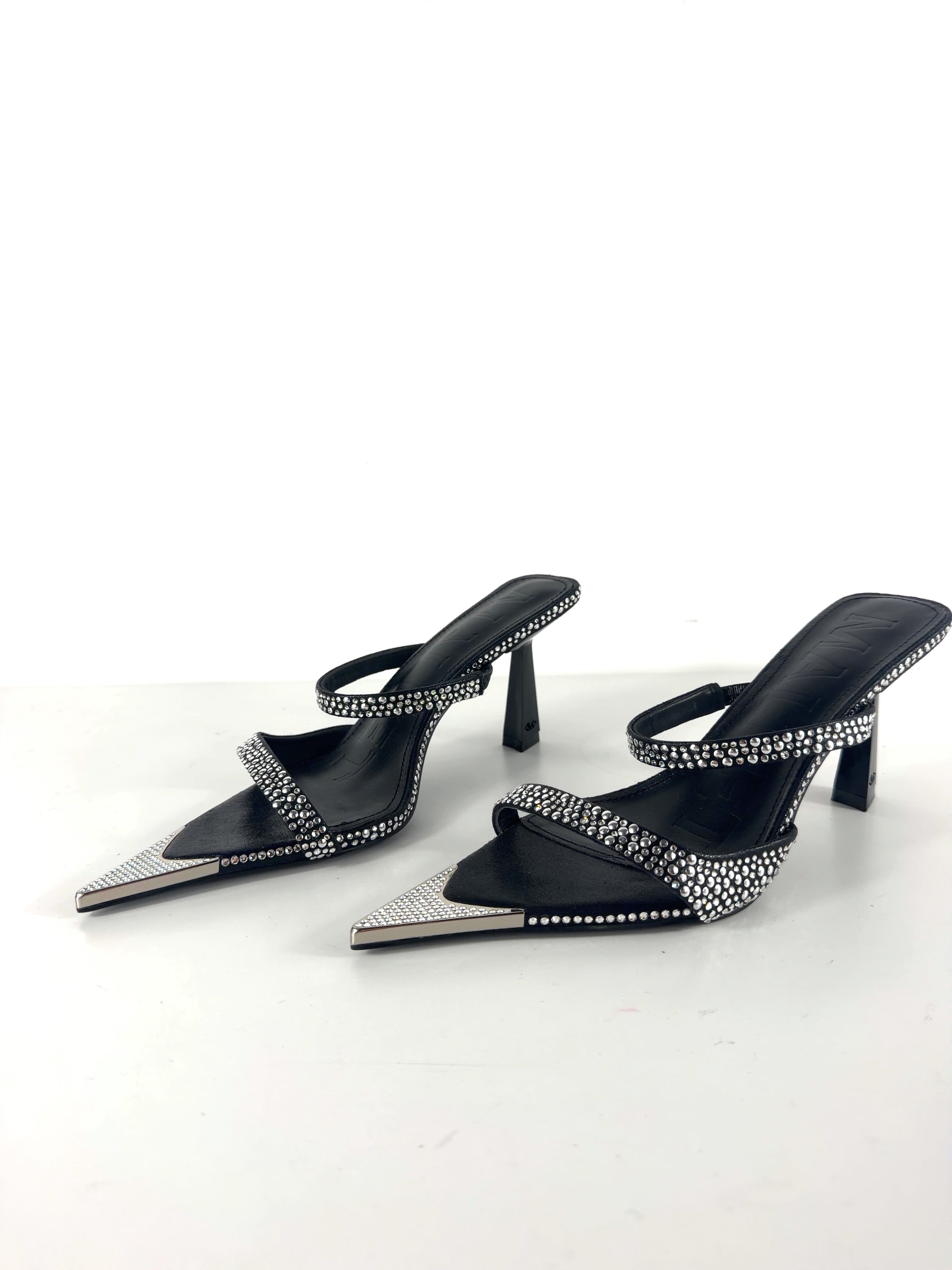 Mallet Black Frederica Swarovski Embellished Pointed Mules Black Heels, size UK 5 EU 38 👠 — label