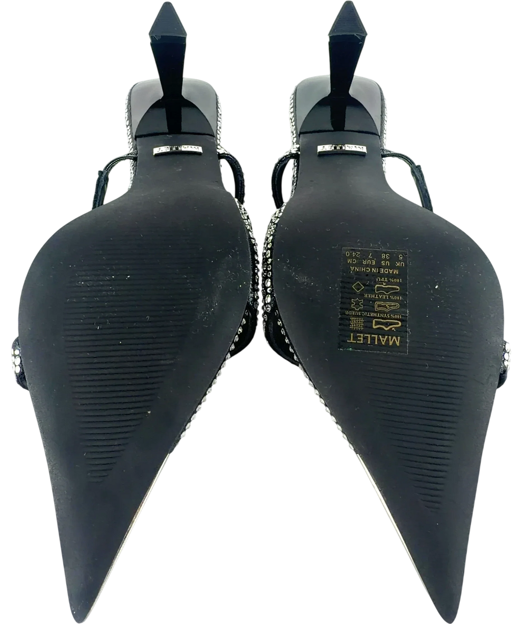 Mallet Black Frederica Swarovski Embellished Pointed Mules Black Heels, size UK 5 EU 38 👠 — fabric detail