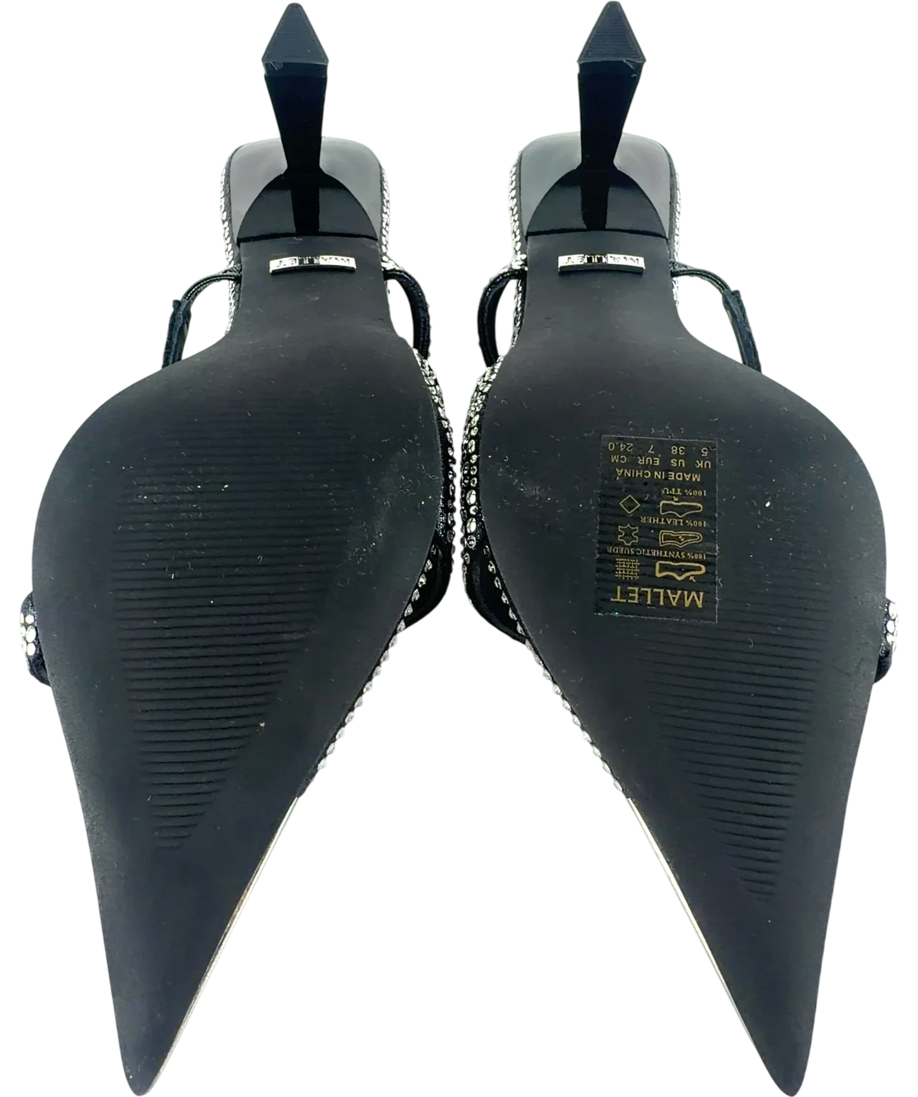 Mallet Black Frederica Swarovski Embellished Pointed Mules Black Heels, size UK 5 EU 38 👠 — fabric detail