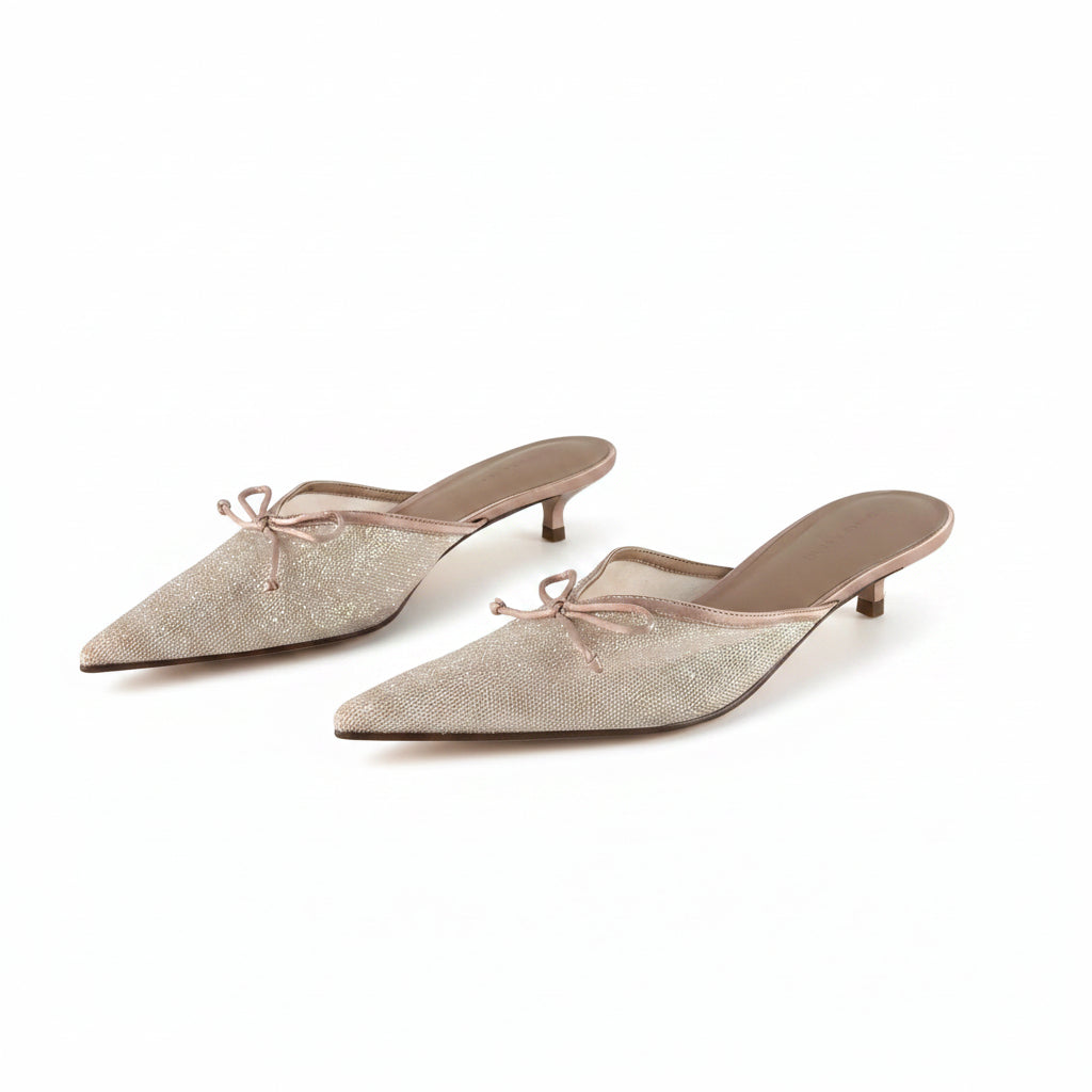 Charles & Keith Nude Glittered Mesh Bow Kitten Heels Pink, size UK 5 EU 38 👠 — label