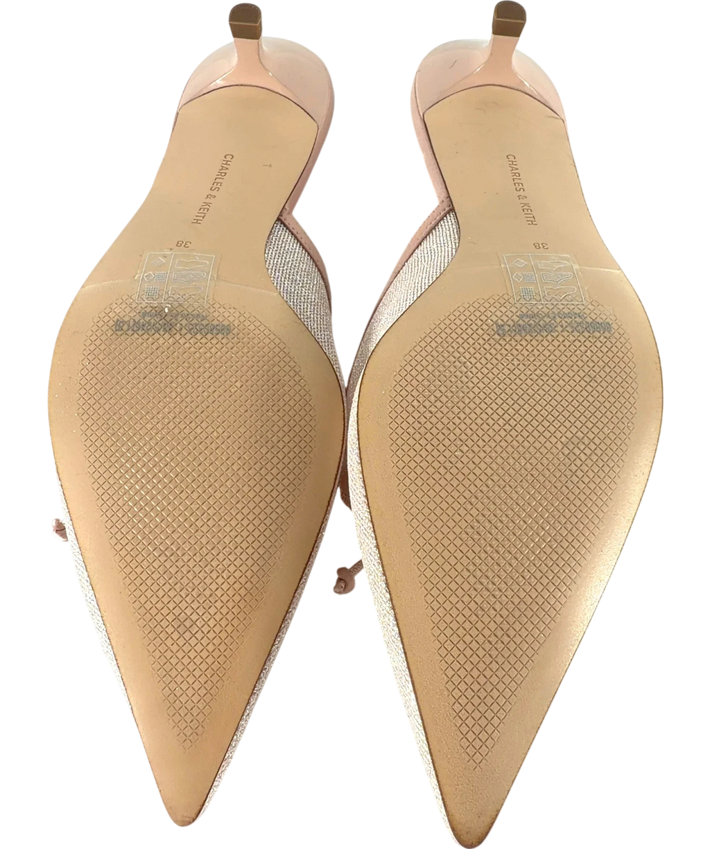 Charles & Keith Nude Glittered Mesh Bow Kitten Heels Pink, size UK 5 EU 38 👠 — fabric detail
