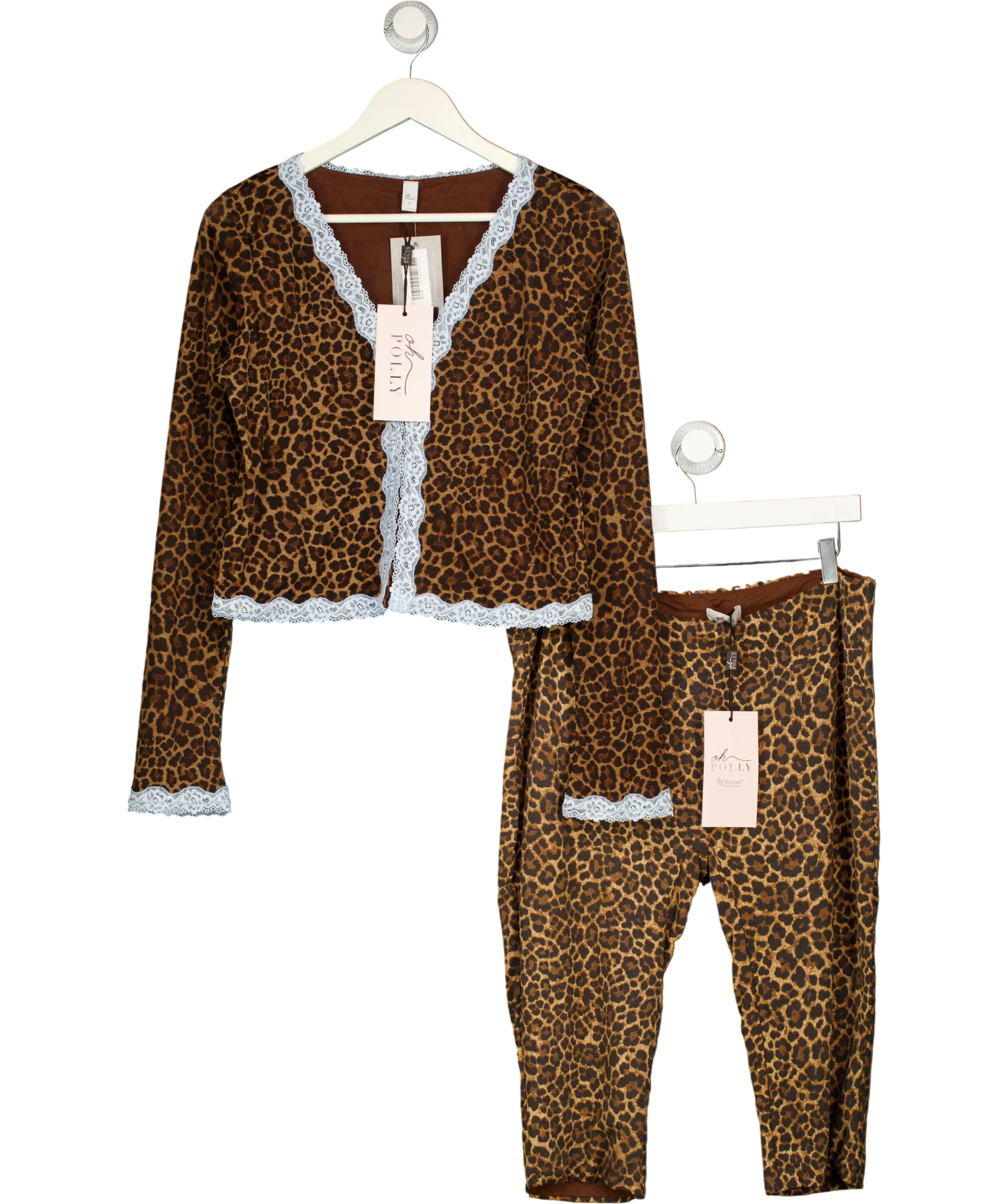 OH POLLY Orange 2-PIECE BROWN LACE TRIM Laksila Cardigan & Marlie Capri Set Leopard, size UK XL/XXL — front
