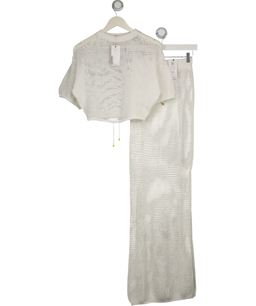 RIVER ISLAND 2-piece Ivory White Crochet Tie Waist Beach Top And Maxi Skirt Set UK XS