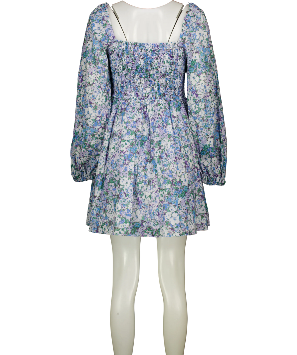 & OTHER STORIES Blue Floral Smocked Puff Sleeve  Square Neck Mini Dress UK 14