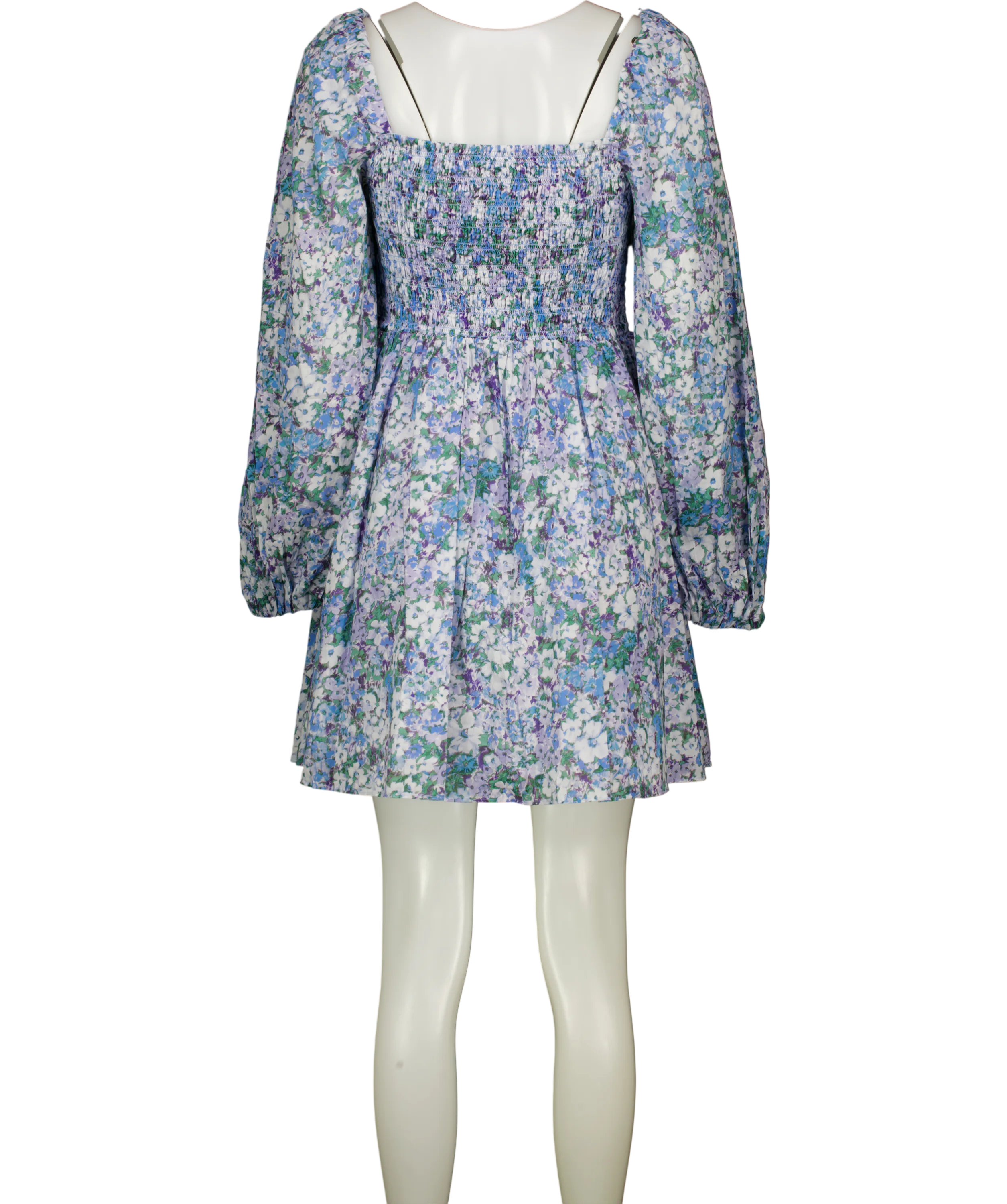 & OTHER STORIES Blue Floral Smocked Puff Sleeve  Square Neck Mini Dress UK 14
