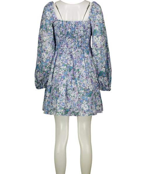 & OTHER STORIES Blue Floral Smocked Puff Sleeve  Square Neck Mini Dress UK 14