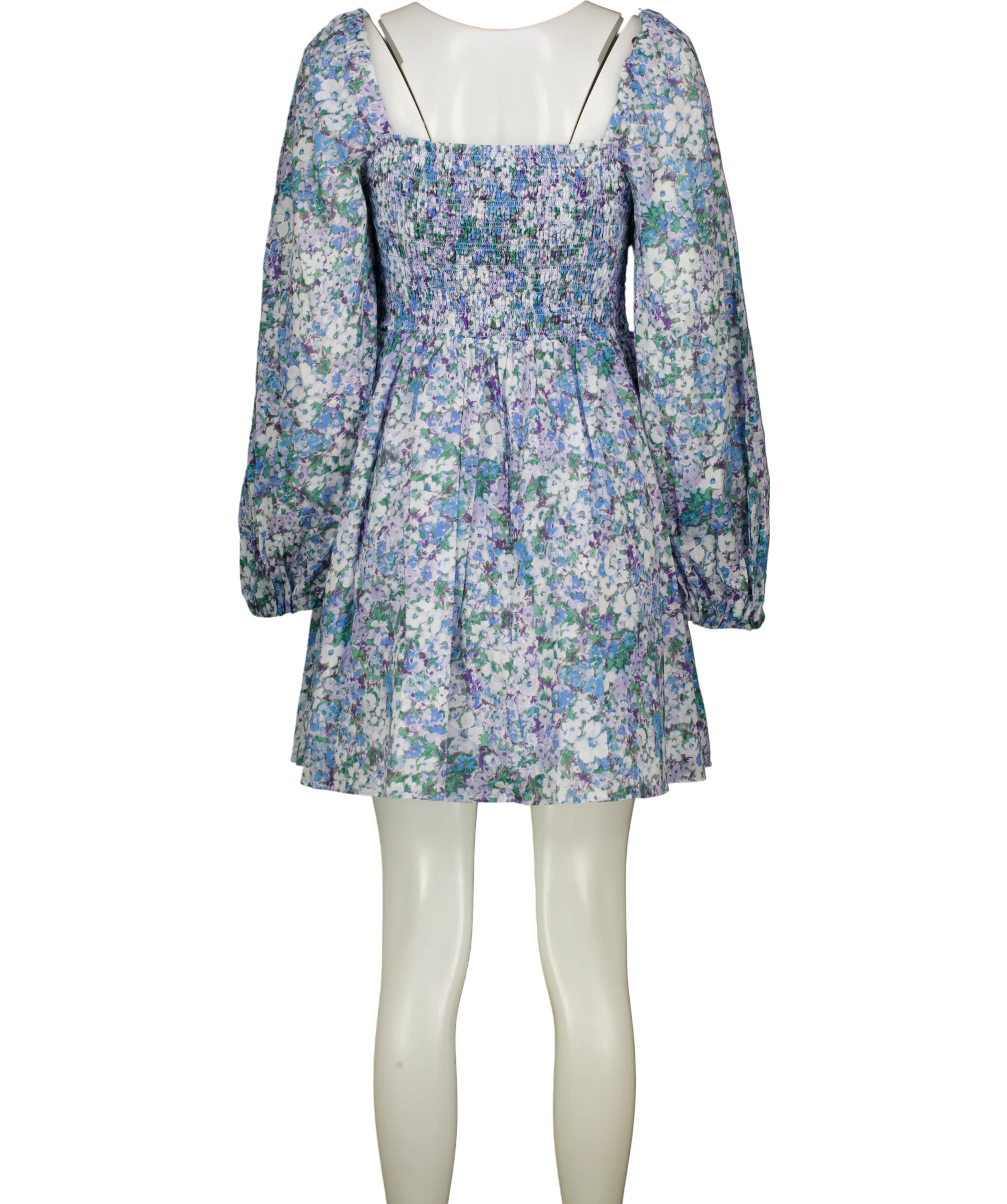 & OTHER STORIES Blue Floral Smocked Puff Sleeve  Square Neck Mini Dress UK 14
