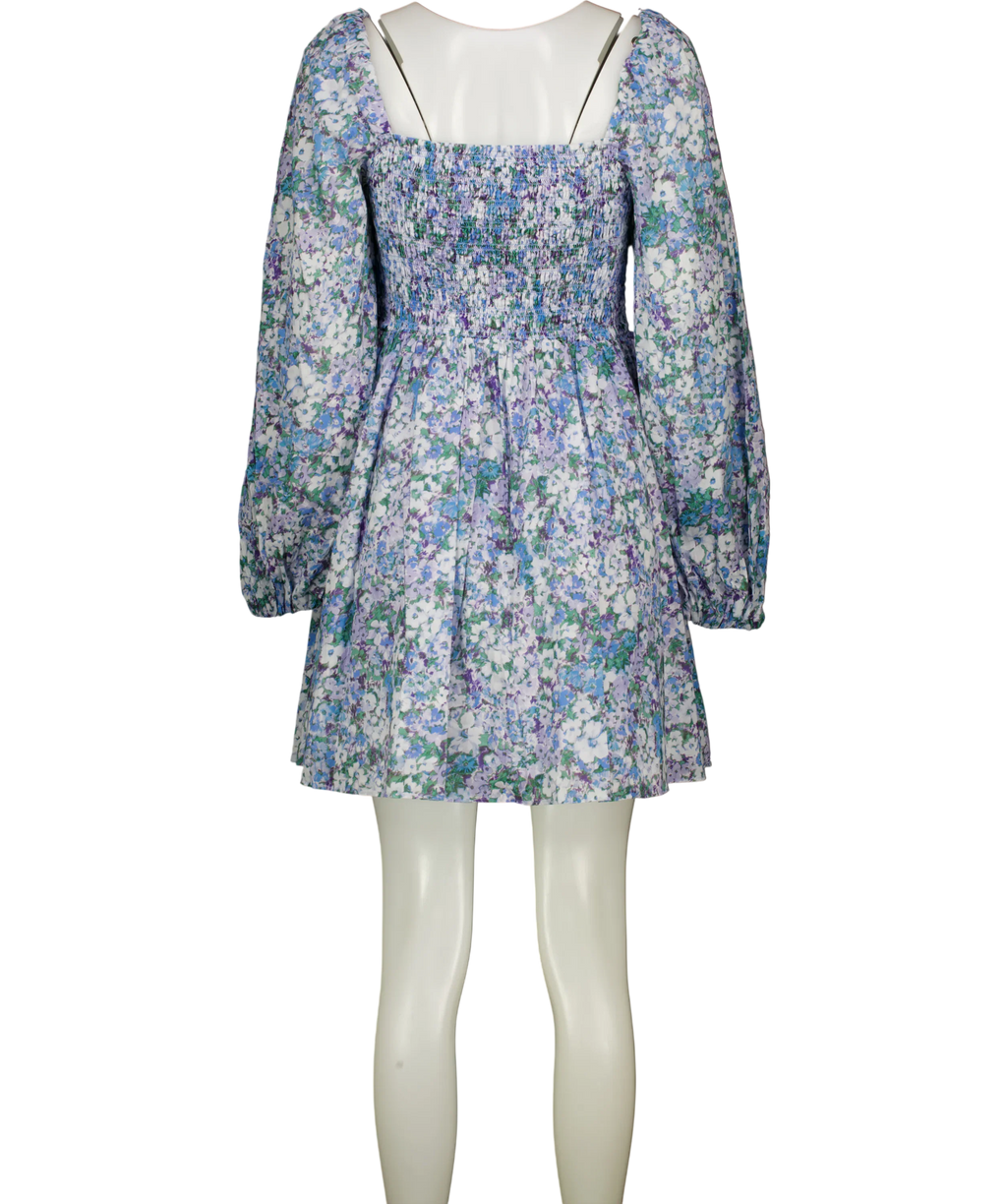 & OTHER STORIES Blue Floral Smocked Puff Sleeve  Square Neck Mini Dress UK 14