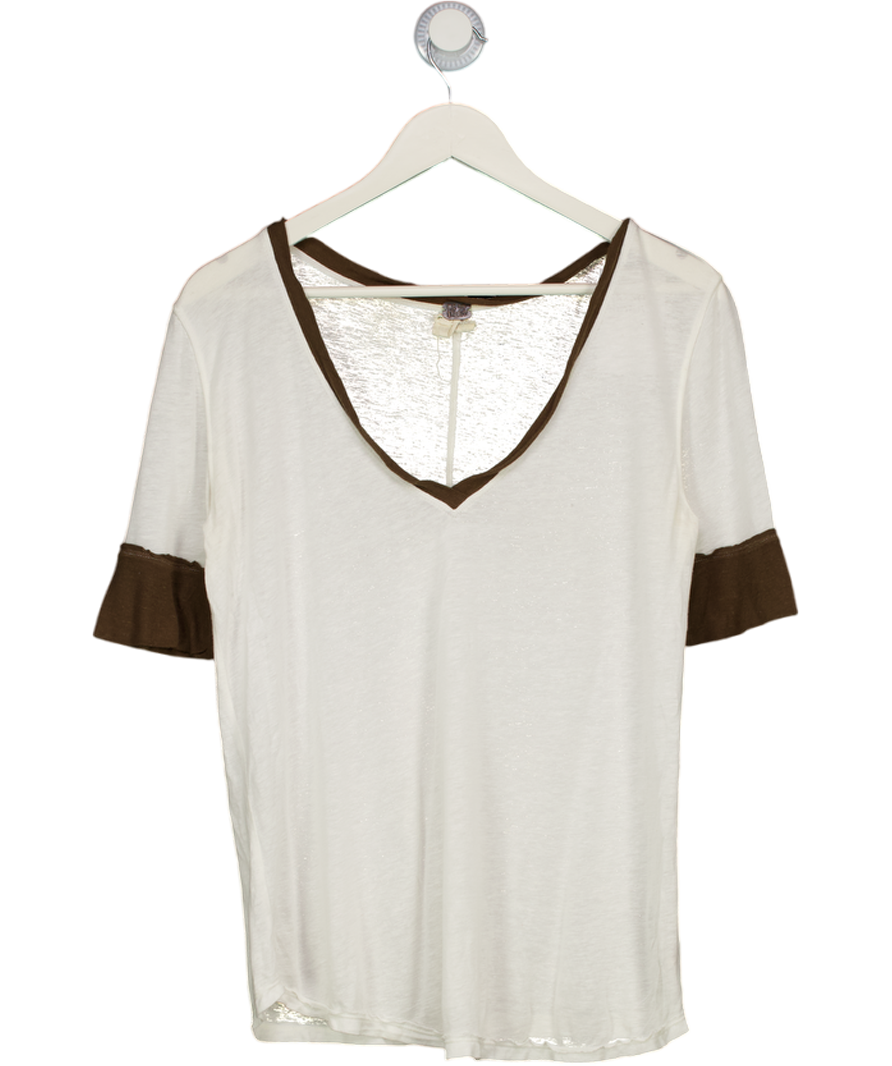 FREE PEOPLE We The Free Cream V-neck Contrast Short Sleeved Top UK S