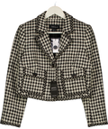 KAREN MILLEN Black / Ivory Houndstooth Tweed Tailored Cropped Jacket UK 10