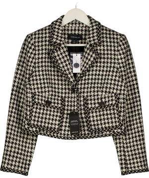 KAREN MILLEN Black / Ivory Houndstooth Tweed Tailored Cropped Jacket UK 10