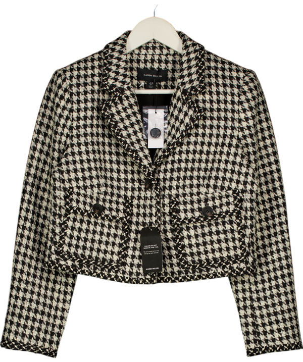 KAREN MILLEN Black / Ivory Houndstooth Tweed Tailored Cropped Jacket UK 10