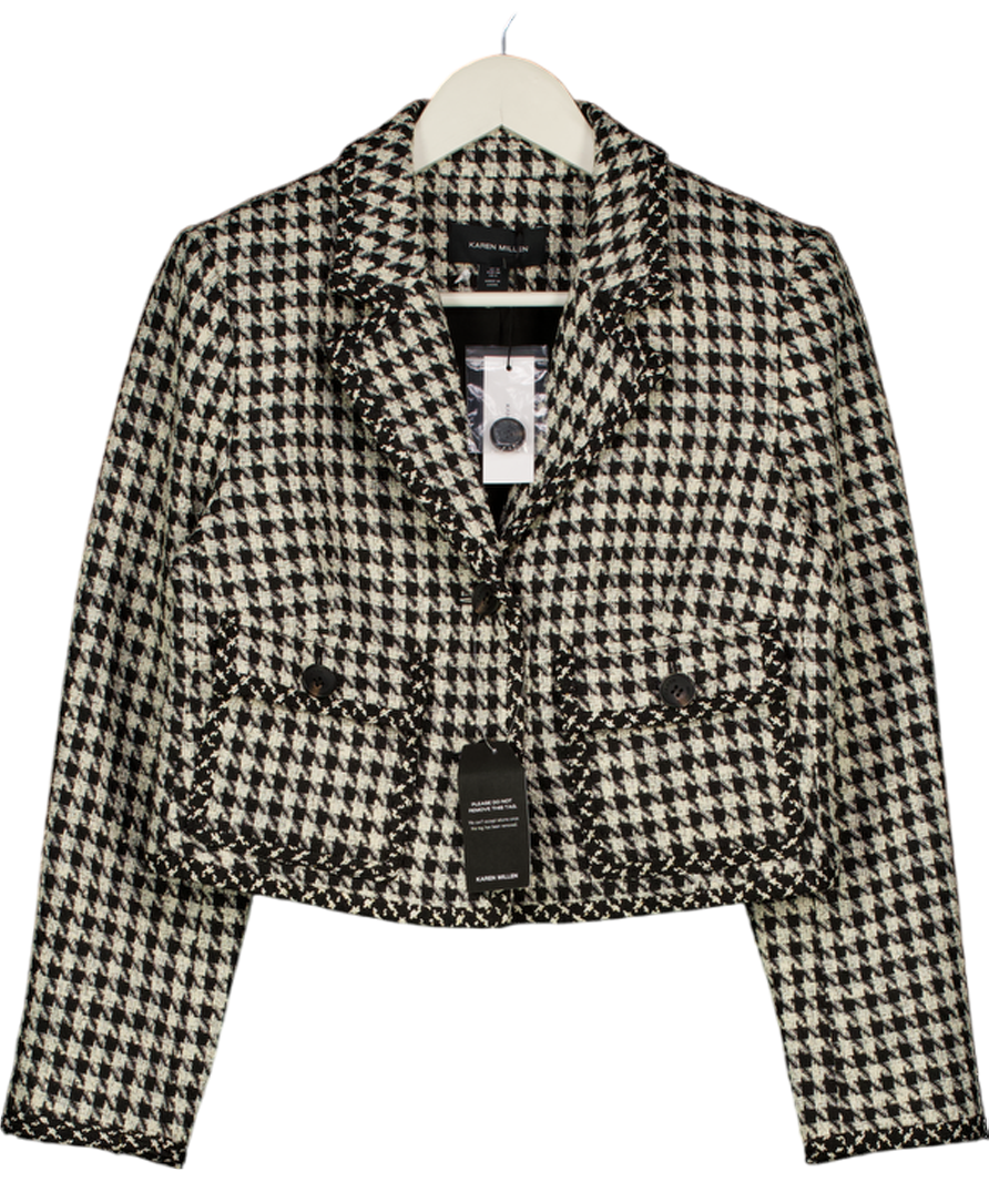KAREN MILLEN Black / Ivory Houndstooth Tweed Tailored Cropped Jacket UK 10