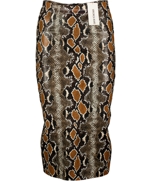 VERONICA BEARD Brown Kaliyah Snakeskin-print Faux Leather Pencil Skirt Sz00 UK XXS