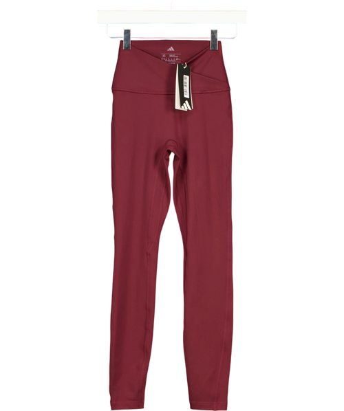 adidas maroon Three Stripes Studios Crossover Waistband Leggings, size UK XS — front