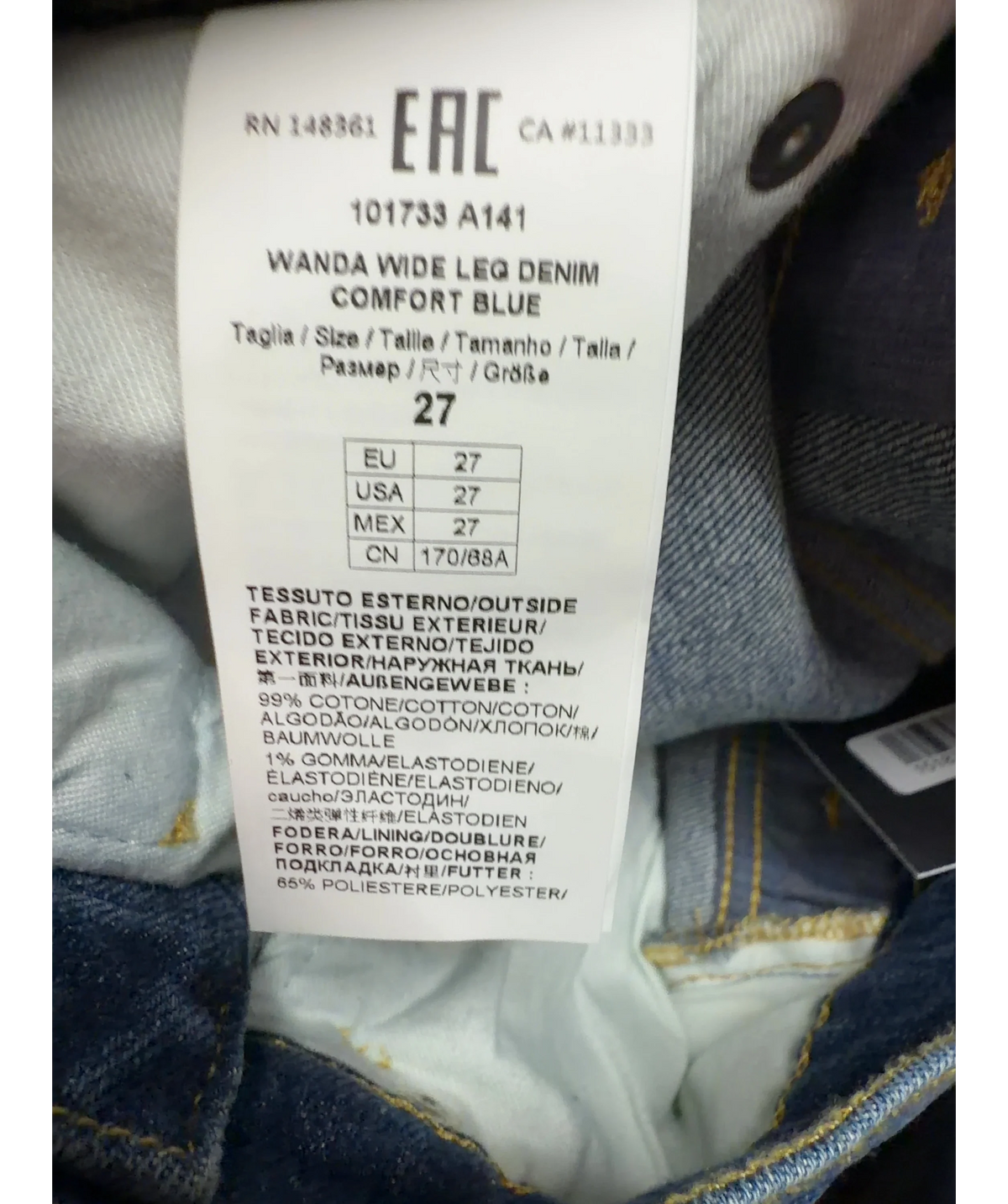 Pinko Blue Wanda Wide Leg Denim, size W27 — care label