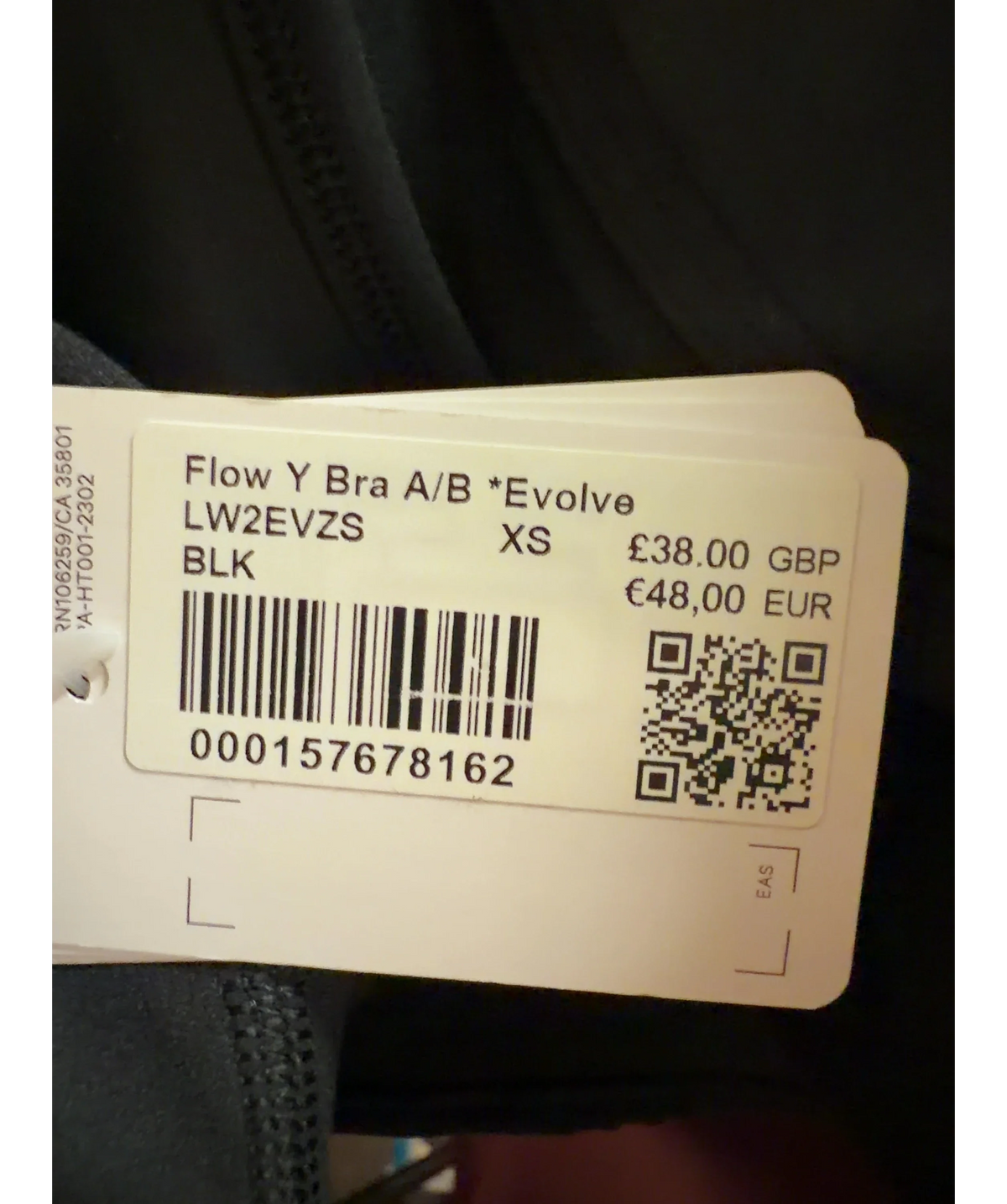 Lululemon Black Flow Y Bra A/B Evolve, size UK XS — label