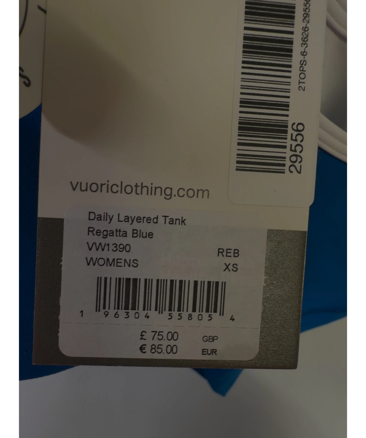 Vuori Blue Daily Layered Tank, size UK XS — label