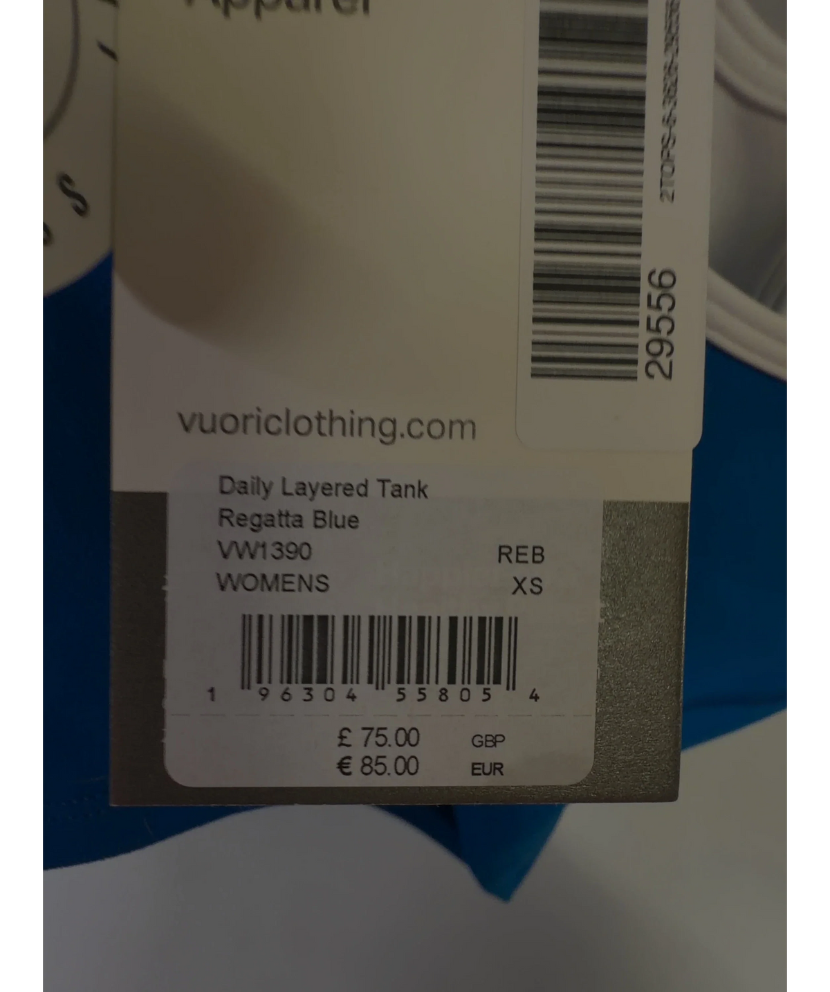 Vuori Blue Daily Layered Tank, size UK XS — care label