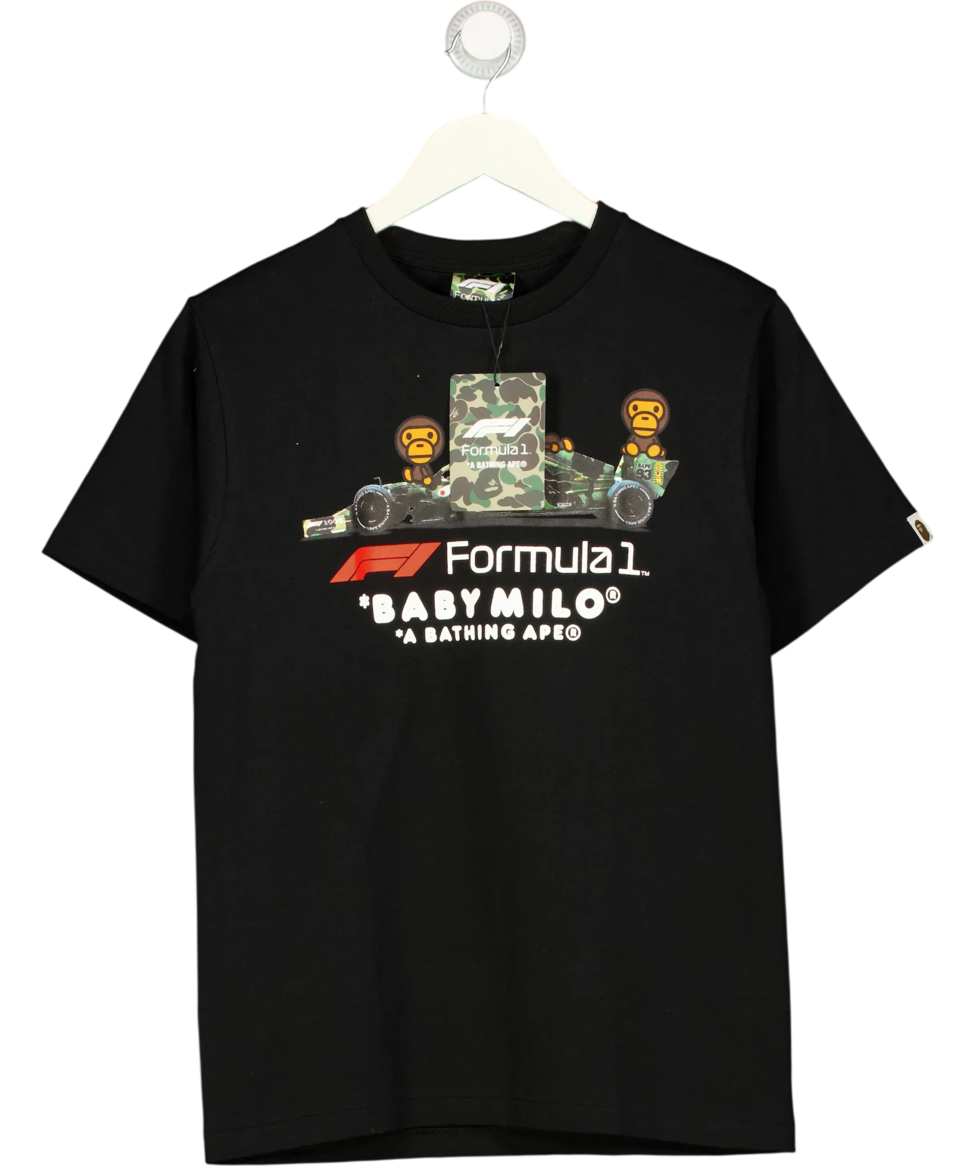 A Bathing Ape Black Formula 1 Baby Milo Tee, size UK S — front