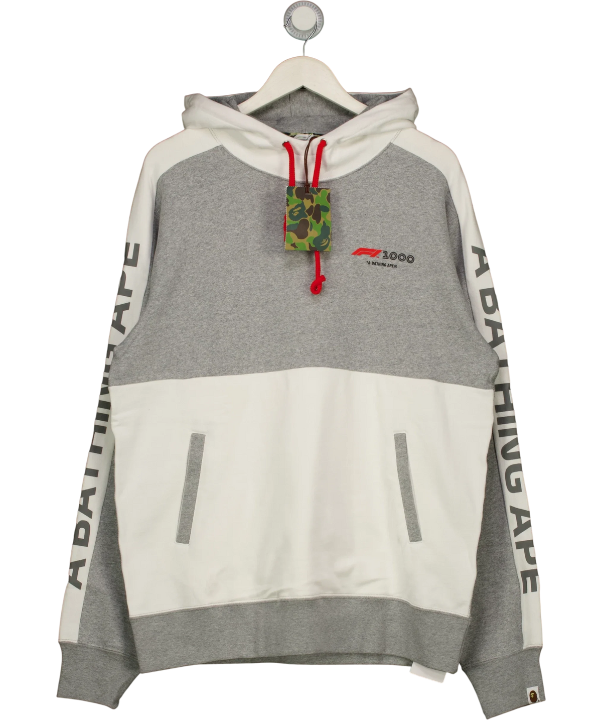 A Bathing Ape Grey BAPE x F1 1000 Two Tone Pullover Hoodie Black/Grey, size UK XXL — front