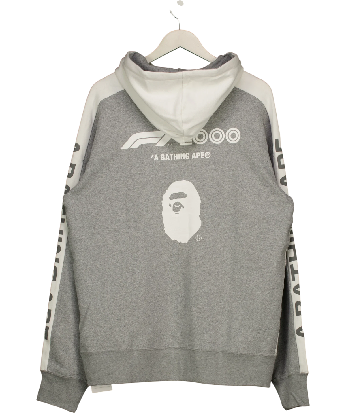 A Bathing Ape Grey BAPE x F1 1000 Two Tone Pullover Hoodie Black/Grey, size UK XXL — back