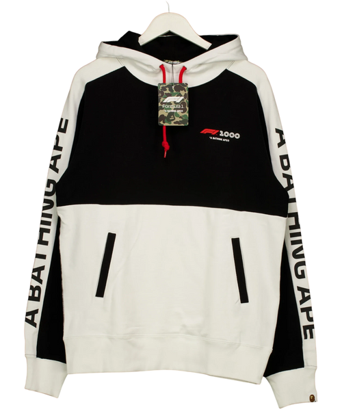 A Bathing Ape White F1 1000 Two Tone Pullover Hoodie, size UK XL — front