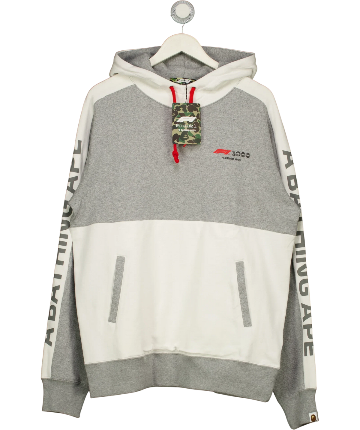 A Bathing Ape Grey Formula 1 1000 Two Tone Pullover Hoodie, size UK XXL — front