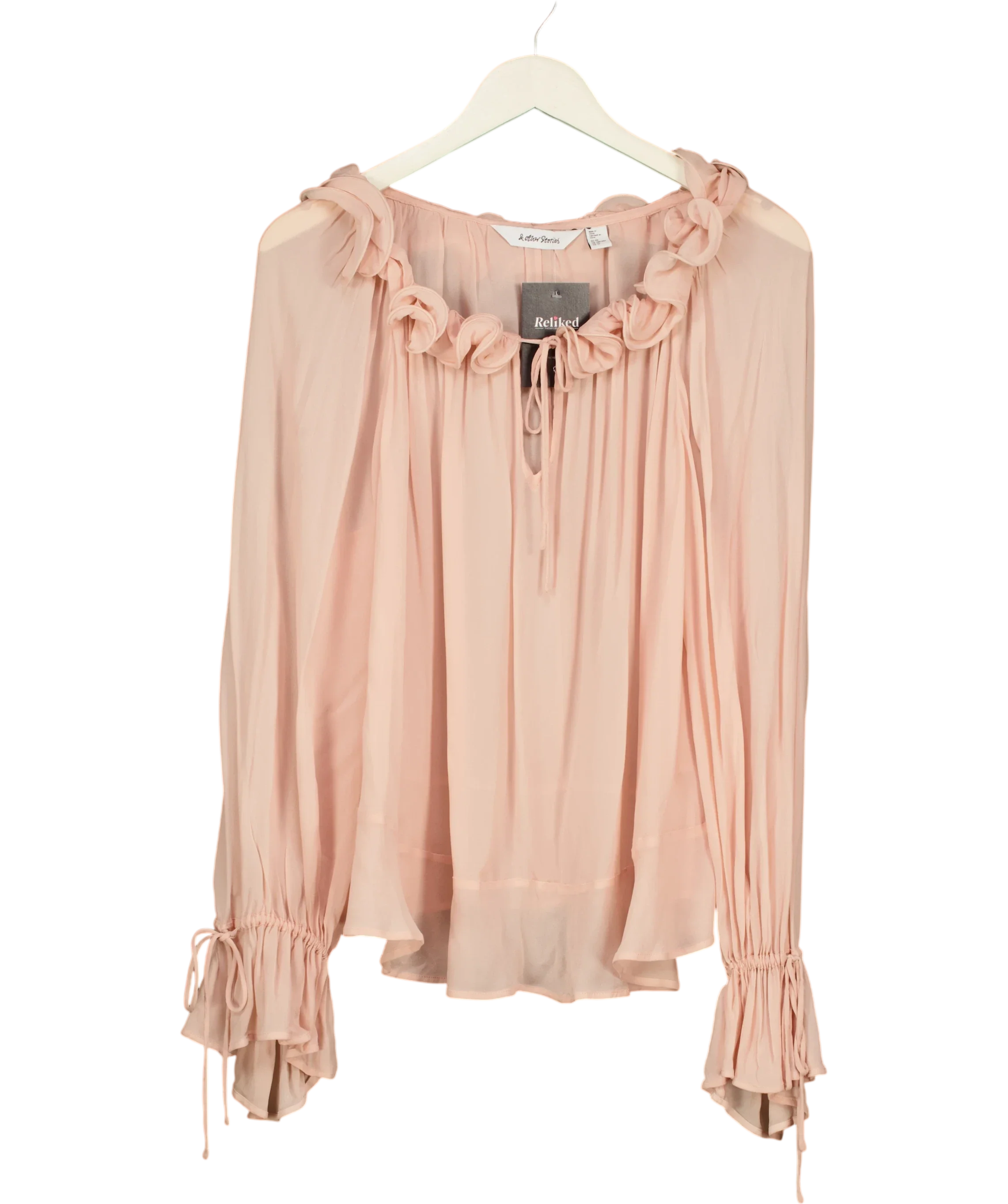 & OTHER STORIES Pink Ruffle Neck Voluminous Blouse, size UK XS — front