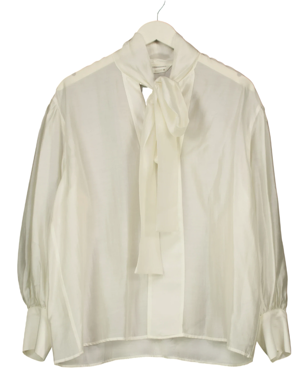 ZARA White tie-neck blouse, size UK S — front