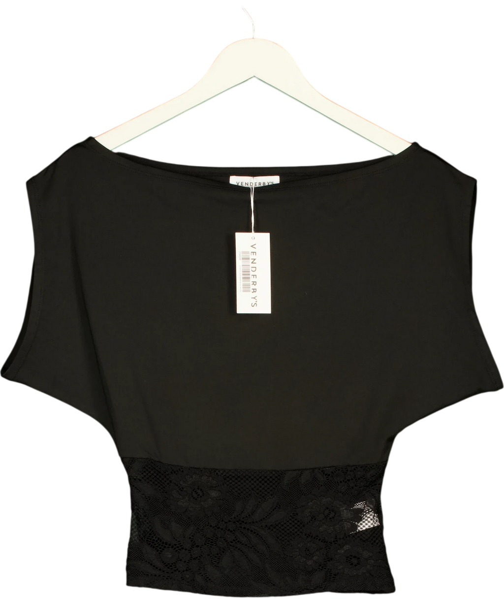 VENDERBY'S Black black lace waist boat-neck top, size UK XS/S — front