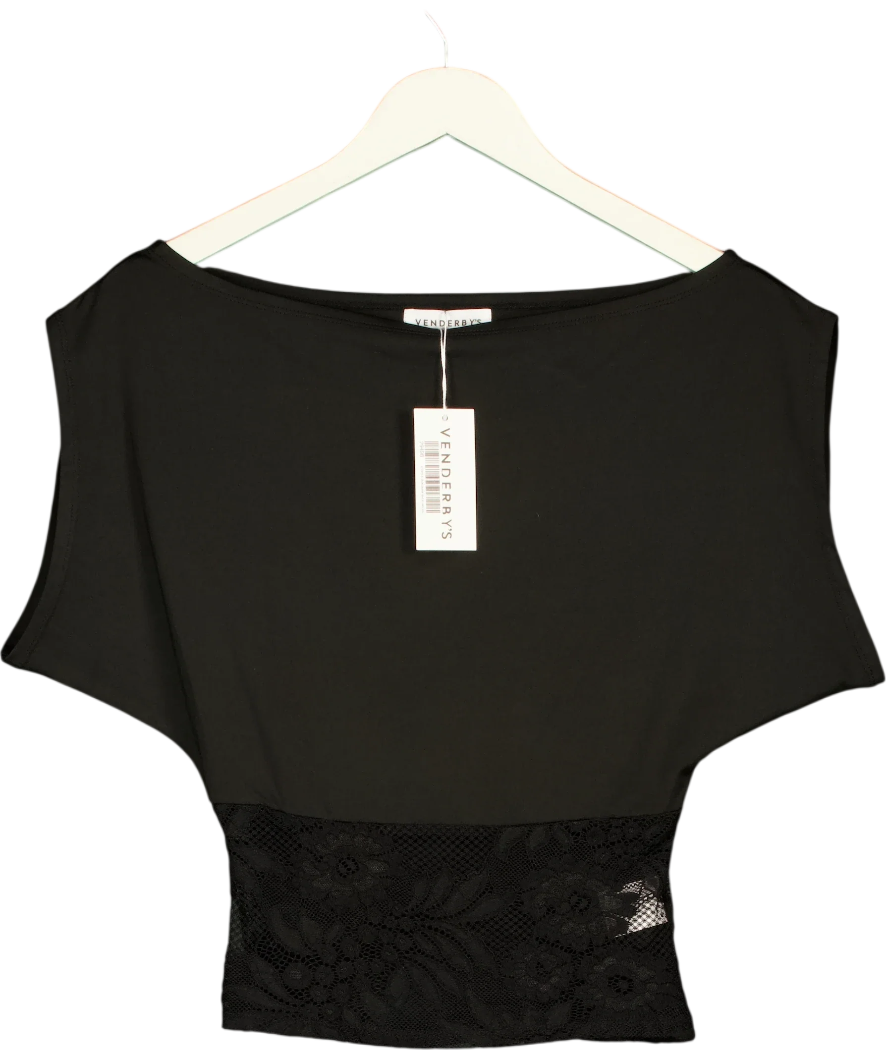 VENDERBY'S Black black lace waist boat-neck top, size UK XS/S — front