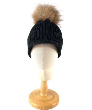 Bogner Black And Brown Wool  Beanie with Fur Pom-Pom  UK M