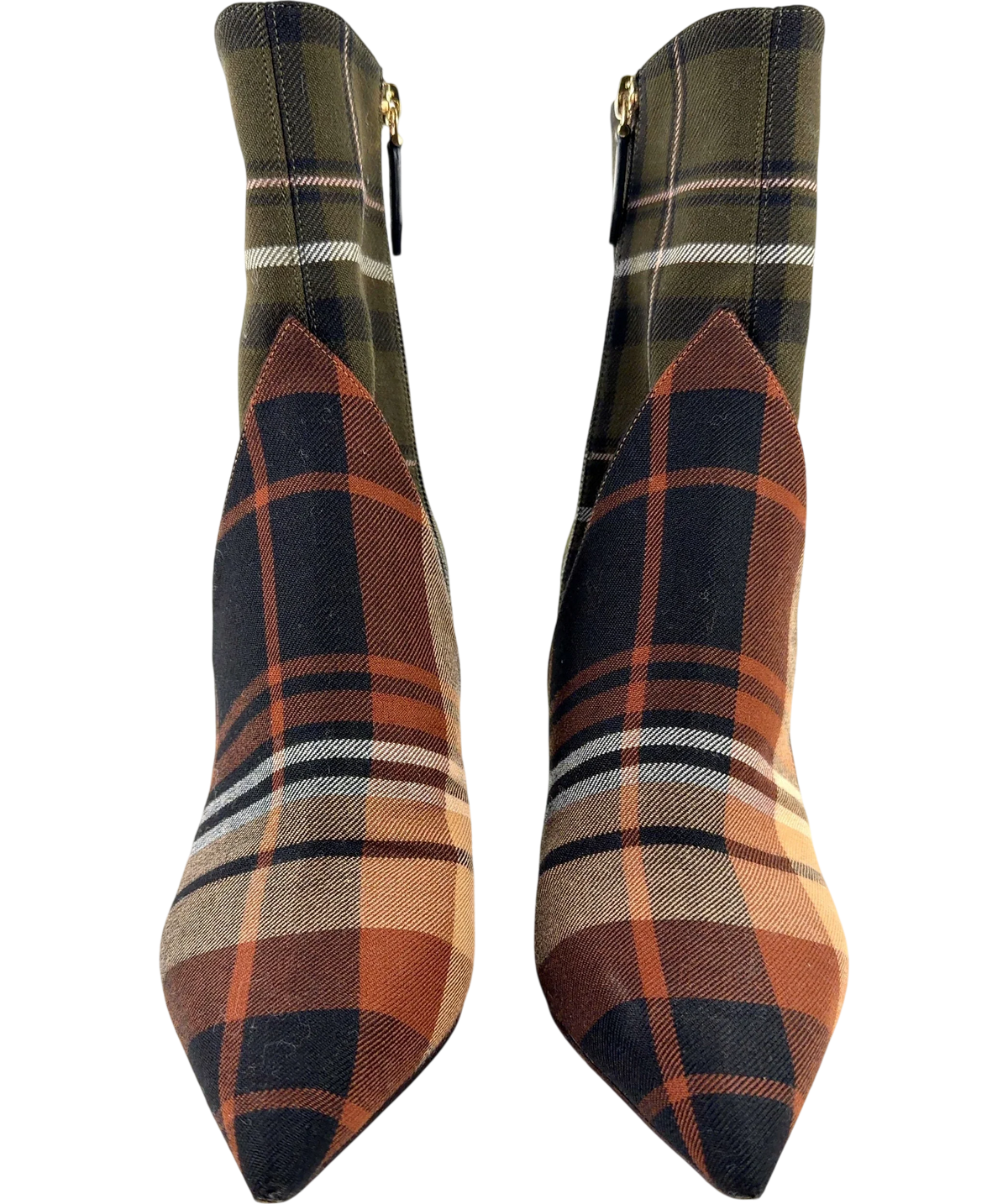 Burberry Patchwork Tartan Wedge Heel Pointed-Toe Boots UK 5 — Front (both, face on)